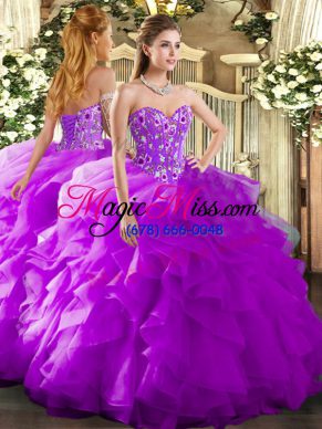 Embroidery and Ruffles Quinceanera Dress Purple Lace Up Sleeveless Floor Length