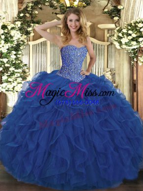 Sleeveless Tulle Floor Length Lace Up Quinceanera Gown in Royal Blue with Beading and Ruffles