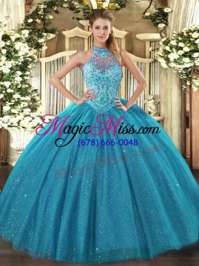 Floor Length Teal Sweet 16 Dress Halter Top Sleeveless Lace Up