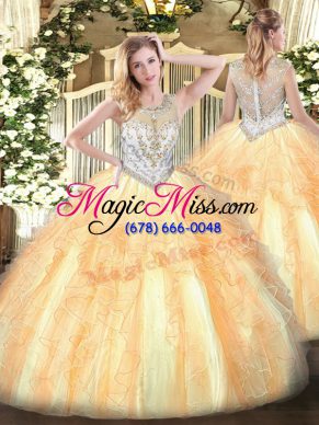 Gold Scoop Neckline Beading and Ruffles Ball Gown Prom Dress Sleeveless Zipper