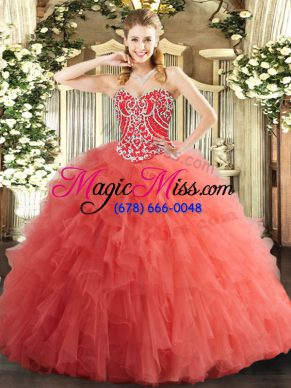 Beauteous Beading and Ruffles Sweet 16 Dresses Watermelon Red Lace Up Sleeveless Floor Length