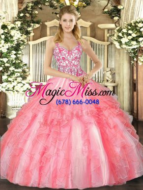 Super Tulle Straps Sleeveless Lace Up Beading and Ruffles Quinceanera Gown in Coral Red