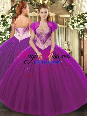 Fantastic Eggplant Purple Ball Gowns Tulle Sweetheart Sleeveless Beading Floor Length Lace Up Quinceanera Gowns