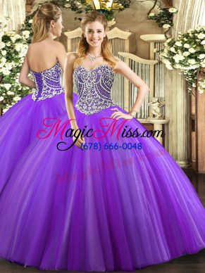 Lavender Sleeveless Floor Length Beading Lace Up Quinceanera Gown