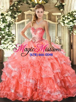 Sweetheart Sleeveless 15 Quinceanera Dress Floor Length Beading and Ruffled Layers Watermelon Red Organza