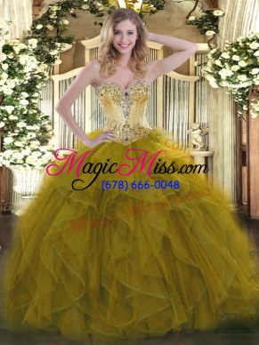 Organza Sweetheart Sleeveless Lace Up Beading and Ruffles Quince Ball Gowns in Olive Green