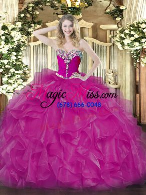 Admirable Floor Length Fuchsia Quinceanera Gown Organza Sleeveless Beading and Ruffles