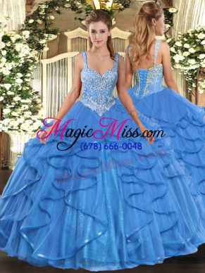 Baby Blue Ball Gowns Beading and Ruffles Quinceanera Dresses Lace Up Tulle Sleeveless Floor Length