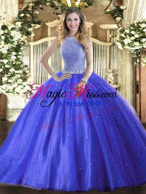 High-neck Sleeveless Tulle Quinceanera Gown Beading Lace Up