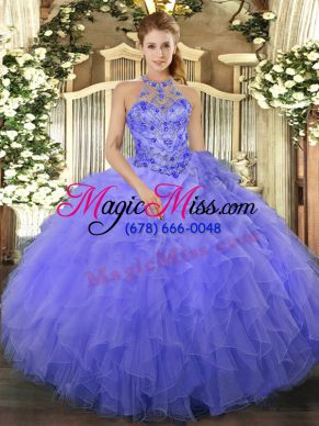 Extravagant Halter Top Sleeveless Lace Up Sweet 16 Quinceanera Dress Blue Organza