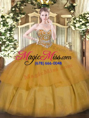 Floor Length Brown Sweet 16 Dresses Organza Sleeveless Beading and Ruffled Layers