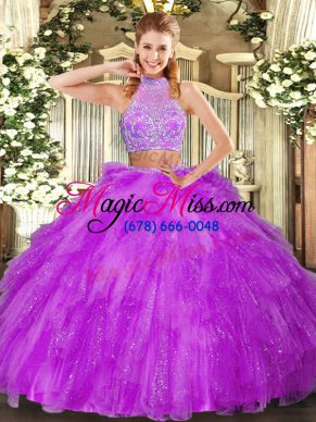 Sleeveless Tulle Floor Length Criss Cross Quince Ball Gowns in Fuchsia with Beading and Ruffles