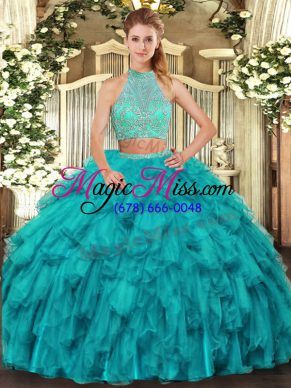 Attractive Turquoise Criss Cross Halter Top Beading and Ruffles Ball Gown Prom Dress Organza Sleeveless