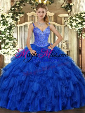 Graceful Royal Blue V-neck Neckline Beading and Ruffles Vestidos de Quinceanera Sleeveless Lace Up