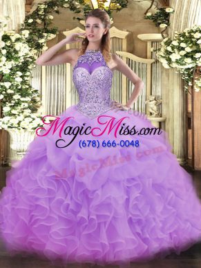 Lovely Sleeveless Organza Floor Length Lace Up Quinceanera Gown in Lavender with Beading and Ruffles and Pick Ups