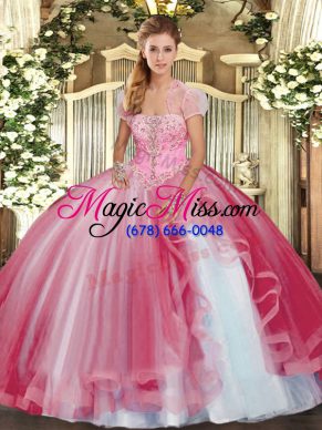Pink Strapless Neckline Beading and Ruffles Quince Ball Gowns Sleeveless Lace Up