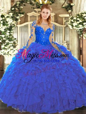 Blue Organza Lace Up Scoop Long Sleeves Floor Length Ball Gown Prom Dress Lace and Ruffles