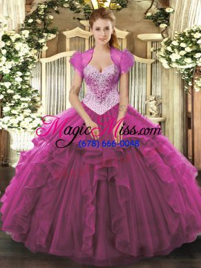 Fuchsia 15 Quinceanera Dress Military Ball and Sweet 16 and Quinceanera with Beading Sweetheart Sleeveless Lace Up