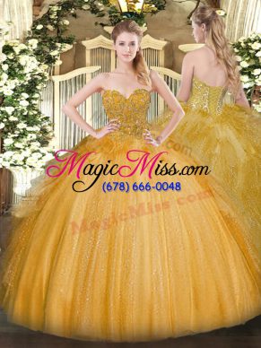 Luxurious Gold Sleeveless Tulle Lace Up Quince Ball Gowns for Military Ball and Sweet 16 and Quinceanera