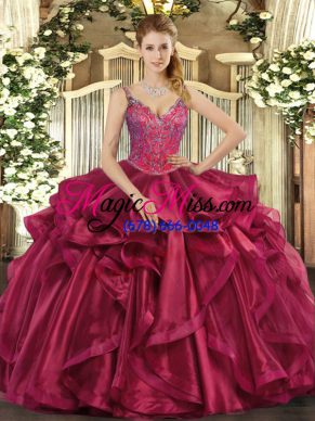 Wine Red Organza Lace Up Straps Sleeveless Floor Length Ball Gown Prom Dress Beading and Ruffles