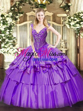 Exceptional Lavender Lace Up V-neck Beading and Ruffled Layers 15th Birthday Dress Organza and Taffeta Sleeveless