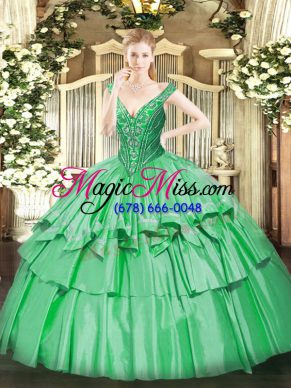 Sleeveless Floor Length Beading and Ruffled Layers Lace Up Quinceanera Gowns with Green