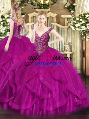 V-neck Sleeveless Quinceanera Dresses Floor Length Beading and Ruffles Fuchsia Tulle