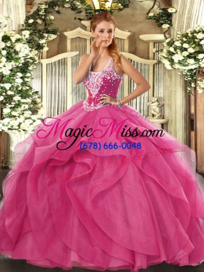 Hot Pink Straps Neckline Beading and Ruffles 15th Birthday Dress Sleeveless Lace Up