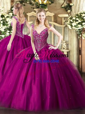 Fuchsia Lace Up V-neck Beading Quinceanera Dress Tulle Sleeveless