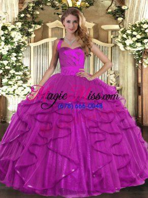 Halter Top Sleeveless Ball Gown Prom Dress Floor Length Ruffles Fuchsia Tulle