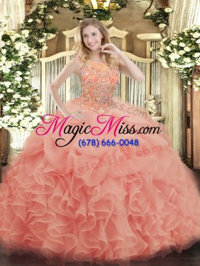 Baby Pink Organza Zipper Quince Ball Gowns Sleeveless Floor Length Beading and Ruffles