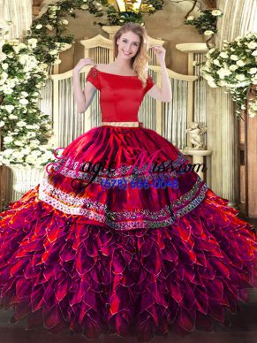 Noble Floor Length Fuchsia Quinceanera Gown Off The Shoulder Short Sleeves Zipper