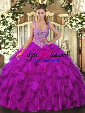 Elegant Ball Gowns Sweet 16 Dresses Purple Straps Organza Sleeveless Floor Length Lace Up