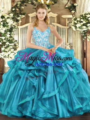 Floor Length Teal Sweet 16 Dresses Straps Sleeveless Lace Up