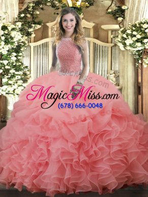 Low Price Organza High-neck Sleeveless Lace Up Beading and Ruffles and Pick Ups 15 Quinceanera Dress in Watermelon Red