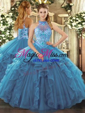 Superior Floor Length Teal Sweet 16 Quinceanera Dress Organza Sleeveless Beading and Ruffles