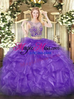 Hot Sale Scoop Sleeveless Organza Sweet 16 Dress Beading and Ruffles Lace Up