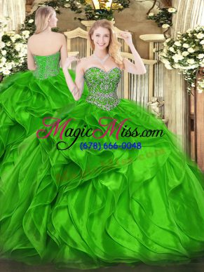 Trendy Beading and Ruffles Quinceanera Gowns Green Lace Up Sleeveless Floor Length