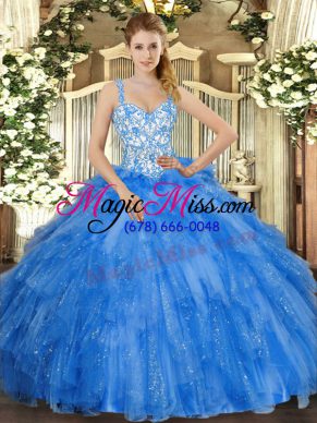 Ideal Straps Sleeveless Lace Up 15 Quinceanera Dress Blue Organza