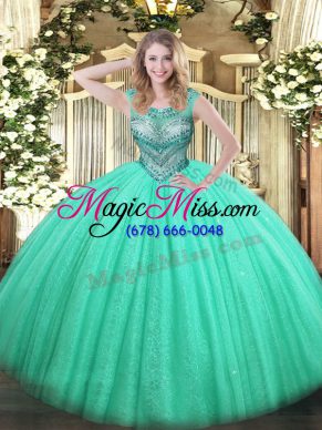 Floor Length Turquoise 15 Quinceanera Dress Tulle and Sequined Sleeveless Beading