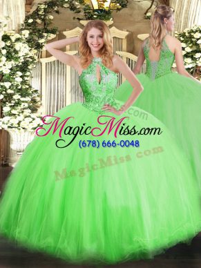 Tulle Lace Up 15th Birthday Dress Sleeveless Floor Length Beading