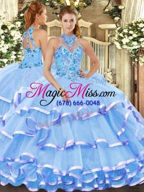 Extravagant Floor Length Baby Blue Quinceanera Gown Halter Top Sleeveless Lace Up