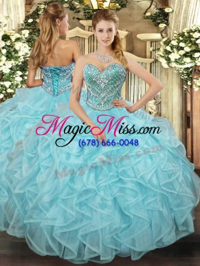 Aqua Blue Ball Gowns Beading and Ruffled Layers Sweet 16 Quinceanera Dress Lace Up Tulle Sleeveless Floor Length