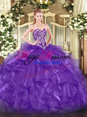 Organza Sweetheart Sleeveless Lace Up Beading and Ruffles Quinceanera Dress in Purple