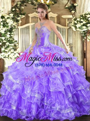 Luxury Lavender Organza Lace Up Sweetheart Sleeveless Floor Length Quinceanera Dress Beading and Ruffled Layers