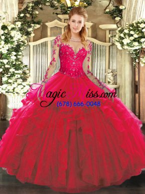 Gorgeous Red Long Sleeves Tulle Lace Up 15th Birthday Dress for Military Ball and Sweet 16 and Quinceanera