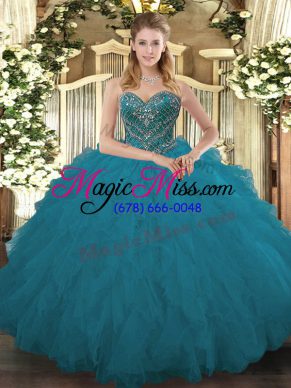 Teal Ball Gowns Sweetheart Sleeveless Tulle Floor Length Lace Up Beading and Ruffled Layers Sweet 16 Dresses