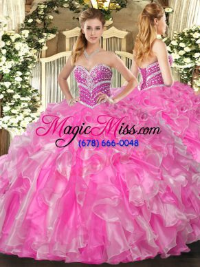 Designer Organza Sweetheart Sleeveless Lace Up Beading and Ruffles Quinceanera Gowns in Rose Pink