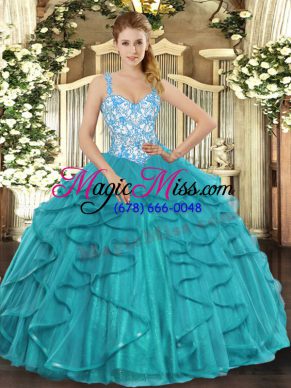 Hot Sale Tulle Straps Sleeveless Lace Up Beading and Ruffles 15th Birthday Dress in Teal