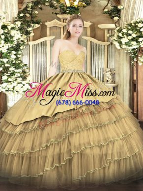 Gold Ball Gowns Sweetheart Sleeveless Organza and Taffeta Floor Length Zipper Beading and Lace and Embroidery and Ruffled Layers Quinceanera Gown